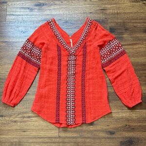 Free People Women's Double V Neck Raw Hem Gauzy Coral Boho Blouse Size Small